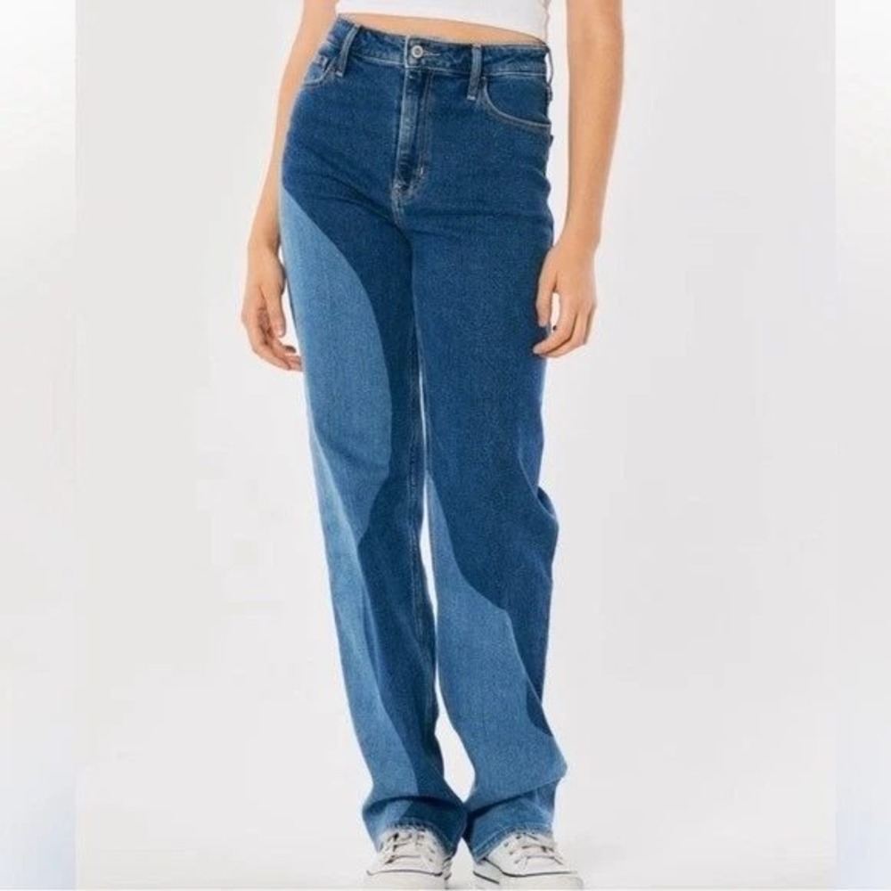 Hollister Ultra High-Rise Dad Jeans W26 L31 Wavy Two-Tone Blue Colorblock Nwt